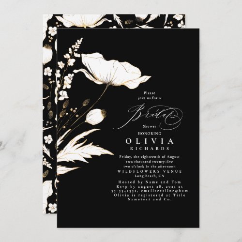 Gold Wildflowers Black Elegant Chic Bridal Shower Invitation