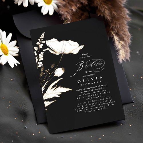 Gold Wildflowers Black Elegant Chic Bridal Shower Invitation