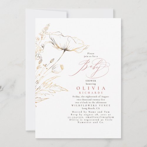 Gold Wildflowers Dusty Pink Chic Baby Shower Invitation