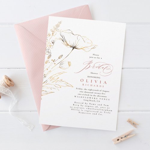 Gold Wildflowers Dusty Pink Chic Bridal Shower Invitation