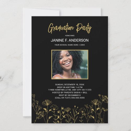 Gold Wildflowers Graduation photo Invitation