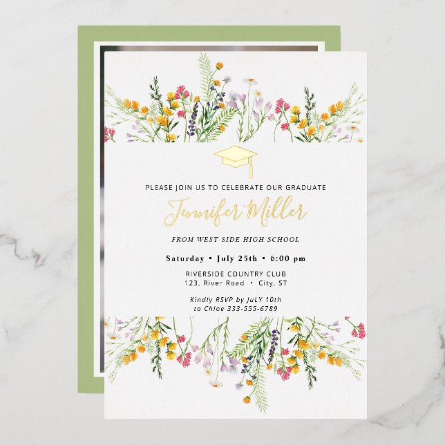 Gold Wildflowers Graduation photo on back Foil Invitation (Front/Back)