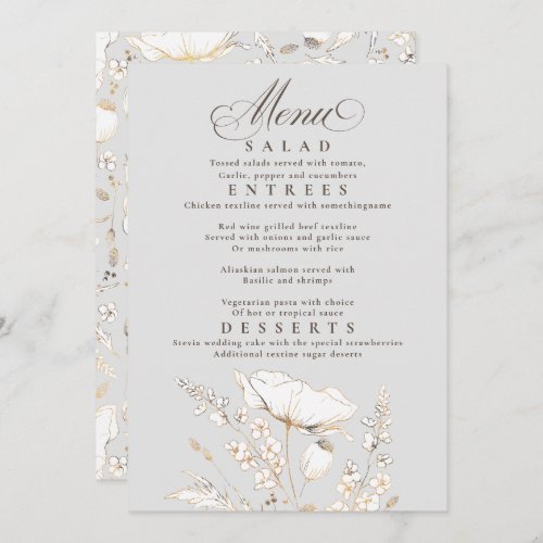 Gold Wildflowers Grey and White Wedding Menu Invitation