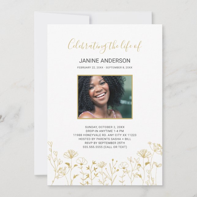 Gold Wildflowers Life celebration photo Invitation (Front)