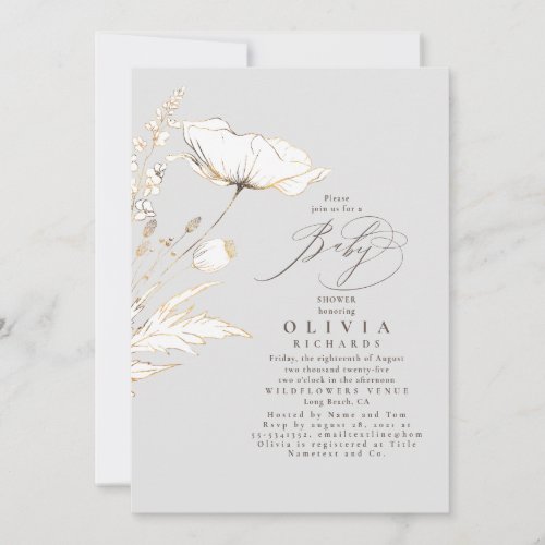 Gold Wildflowers Light Grey Elegant Baby Shower Invitation