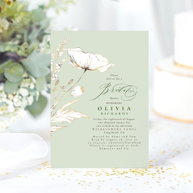 Gold Wildflowers Sage Green Chic Bridal Shower Invitation (Wildflowers Bridal Shower Invitation Sage Green and Gold Minimalist)