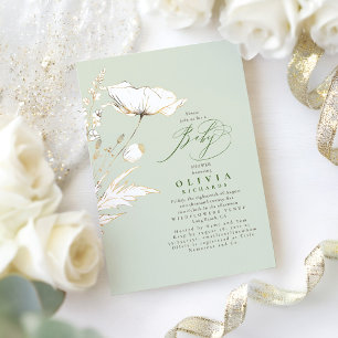 Gold Wildflowers Sage Green Elegant Baby Shower Invitation