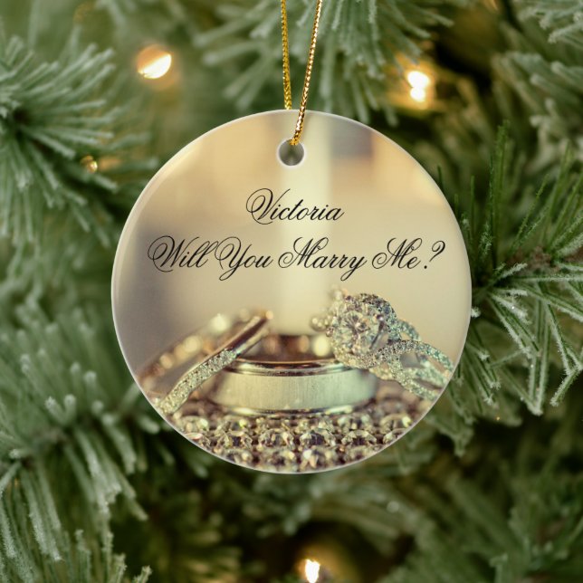 Gold Will You Marry Me Proposal Name Script  Ceramic Ornament (Tree)