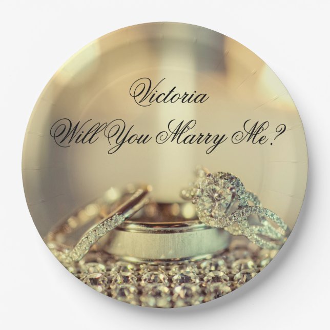 Gold Will You Marry Me Proposal Name Script  Paper Plates (Front)