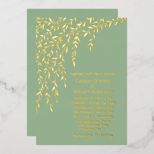 Gold Willows Light Sage Green Wedding Foil Invitation
