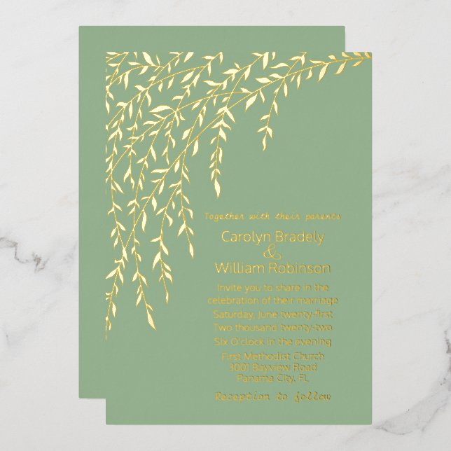 Gold Willows Light Sage Green Wedding Foil Invitation (Front/Back)