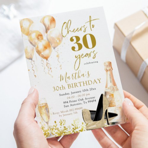 Gold Wine and Stiletto Woman Adult Birthday Invitation