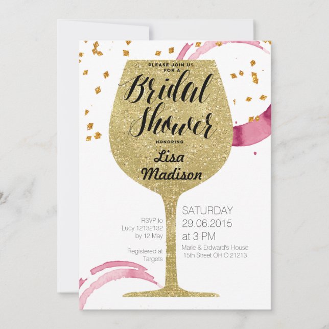 Gold Wine Bridal Shower Invitation card (Front)