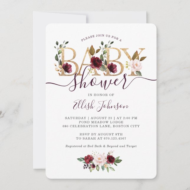 Gold Wine Burgundy Floral Baby Shower Invitation (Front)