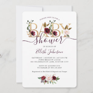 Gold Wine Burgundy Floral Baby Shower Invitation