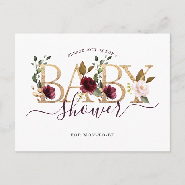 Gold Wine Burgundy Floral Baby Shower Invitation Postcard (Front)