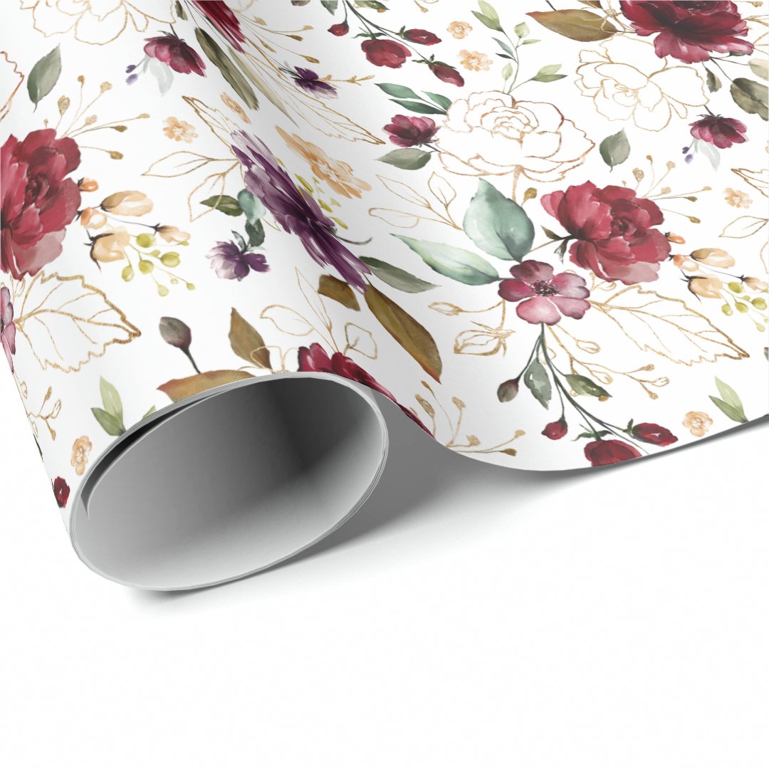 Gold Wine Burgundy Floral Pattern Wrapping Paper | Zazzle