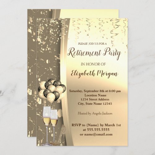 Gold Wine GlasBallonsHigh Heels Retirement Party Invitation