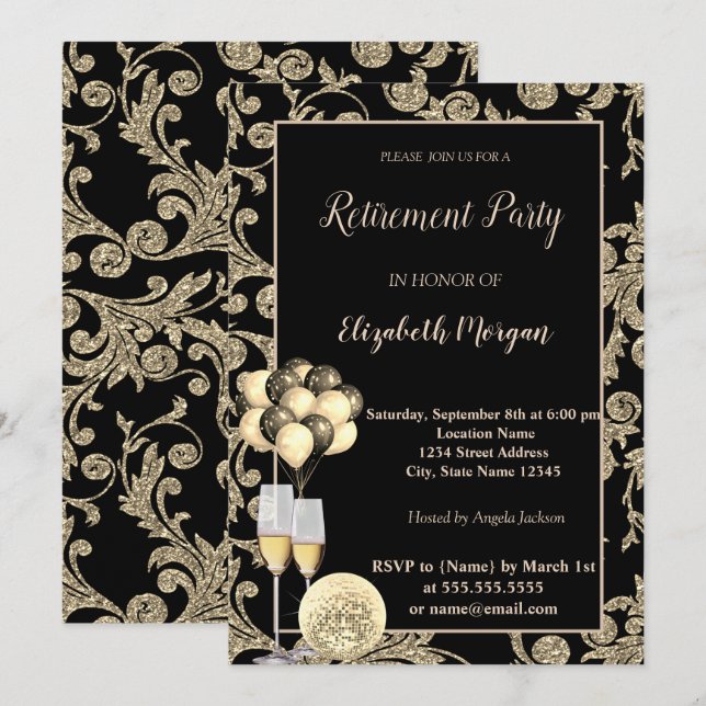 Gold Wine Glas,Ballons, Swirls  Retirement Party Invitation (Front/Back)