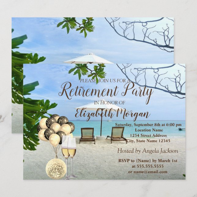 Gold Wine Glass,Ballons,Beach Retirement Party Invitation (Front/Back)