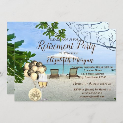 Gold Wine GlassBallonsBeach Retirement Party Invitation