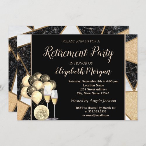Gold Wine GlassBallonsMarble Retirement Party Invitation