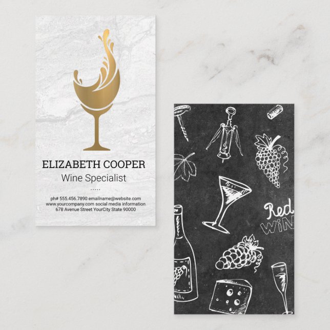 Gold Wine Glass | Marble Background Business Card (Front/Back)