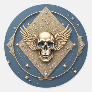 ☠️ Gold Winged Skull Gothic Gift For Bikers 💎 Classic Round Sticker