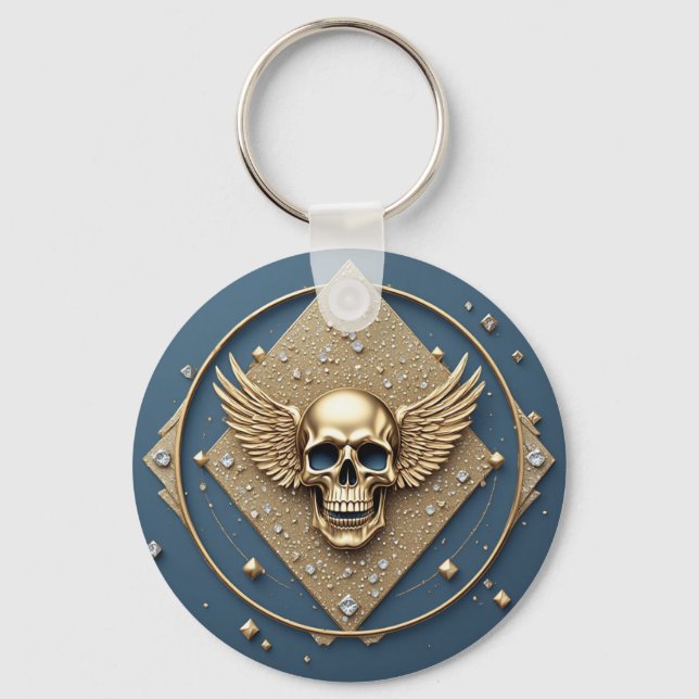 ☠️ Gold Winged Skull Gothic Gift For Bikers 💎 Keychain (Front)