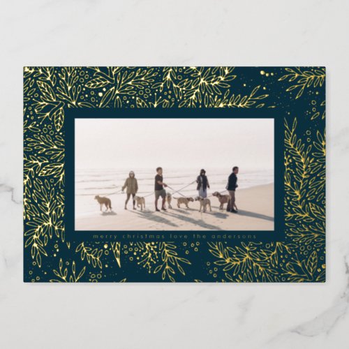 Gold Winter Blue Christmas SnowFlake Photo Frame Foil Holiday Card