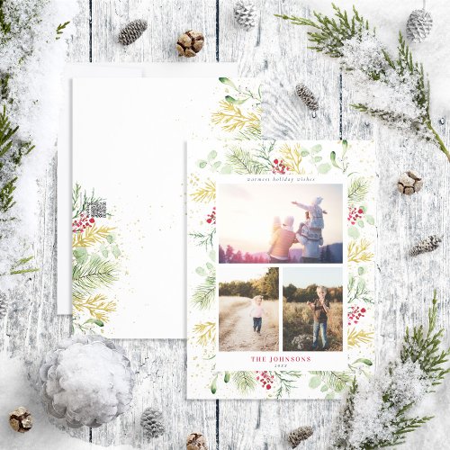 Gold Winter Botanical 3 Photo Holiday Card