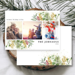 Gold Winter Botanical Greenery Berries Photo Holid Holiday Card