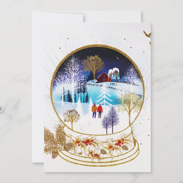 Gold Winter Eve Couple Snowglobe Forest Home Announcement (Front)