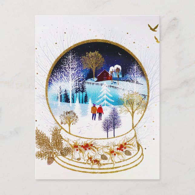 Gold Winter Eve Couple Snowglobe Forest Home Announcement Postcard (Front)