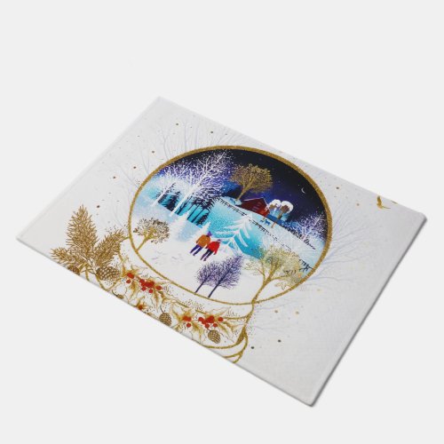 Gold Winter Eve Couple Snowglobe Forest Home Doormat