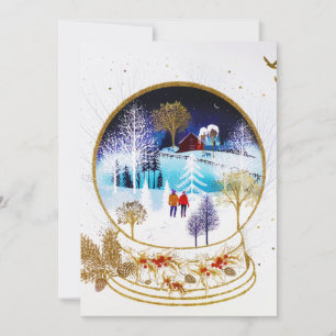 Gold Winter Eve Couple Snowglobe Forest Home Holiday Card