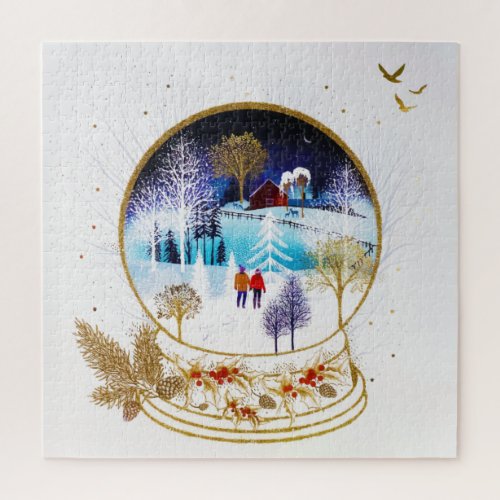 Gold Winter Eve Couple Snowglobe Forest Home Jigsaw Puzzle