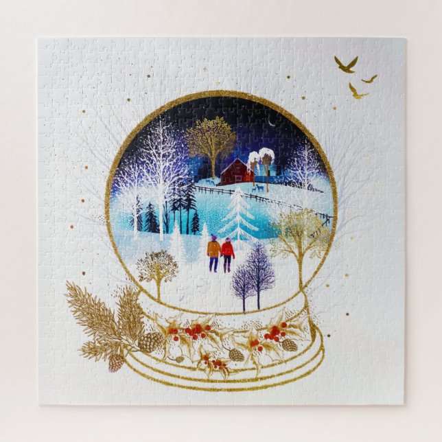 Gold Winter Eve Couple Snowglobe Forest Home Jigsaw Puzzle (Vertical)