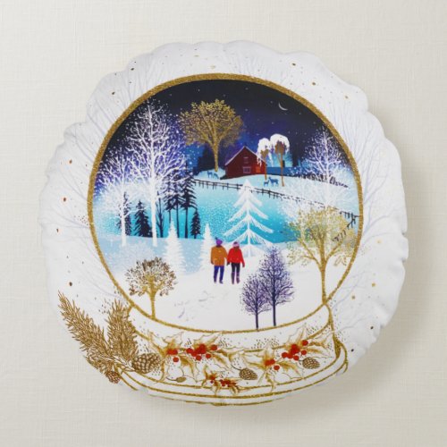 Gold Winter Eve Couple Snowglobe Forest Home Round Pillow