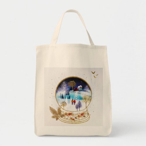 Gold Winter Eve Couple Snowglobe Forest Home Tote Bag