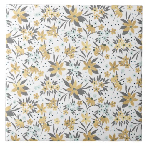 Gold Winter Floral Design Ceramic Tile