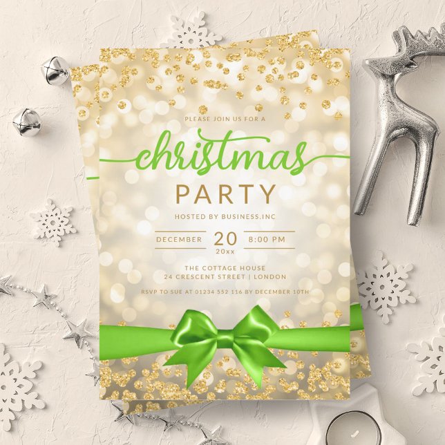 Gold Winter Glam Company Xmas Green Ribbon Invitation (Gold Winter Glam Company Xmas Green Ribbon Invitation)