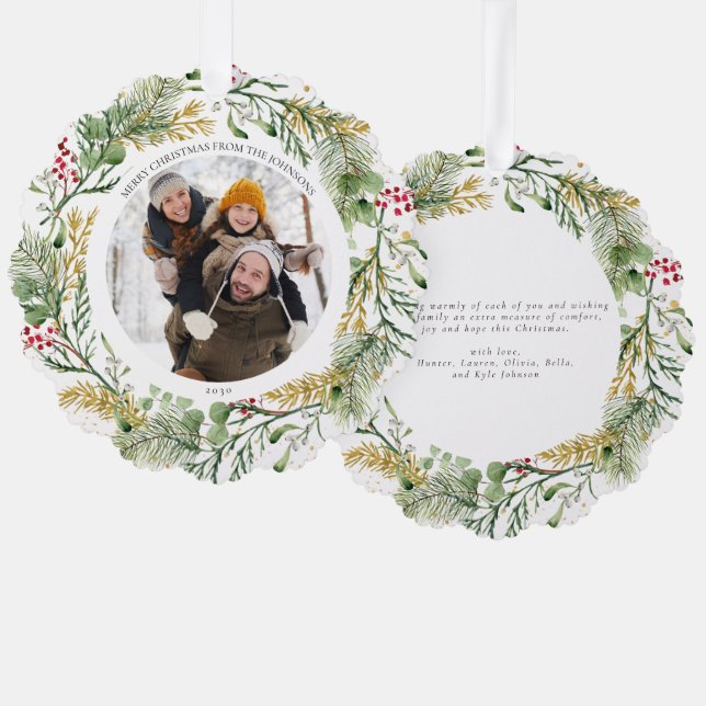 Gold Winter Greenery Merry Christmas Photo Wreath Ornament Card (Front/Back)