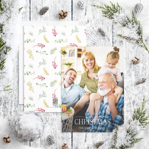 Gold Winter Greenery Merry Christmas Script Photo  Holiday Card