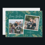 Gold Winter Greenery on Teal 2 Photo Christmas Holiday Card<br><div class="desc">A beautiful gold and dark teal flat Christmas card featuring two square photos on the front. The design offers a beautiful winter greenery in gold and light teal as the border. Add your own personal message on the back.</div>