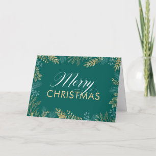 Gold Winter Greenery Teal Christmas Card