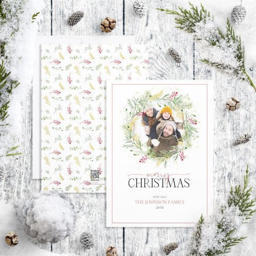 Gold Winter Greenery Wreath Merry Christmas Photo  Holiday Card