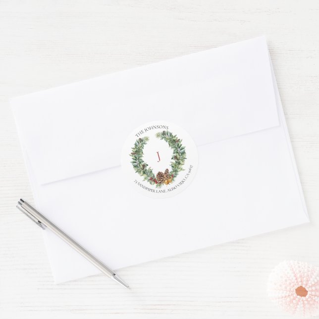 Gold Winter Greenery Wreath Monogram Classic Round Sticker (Envelope)