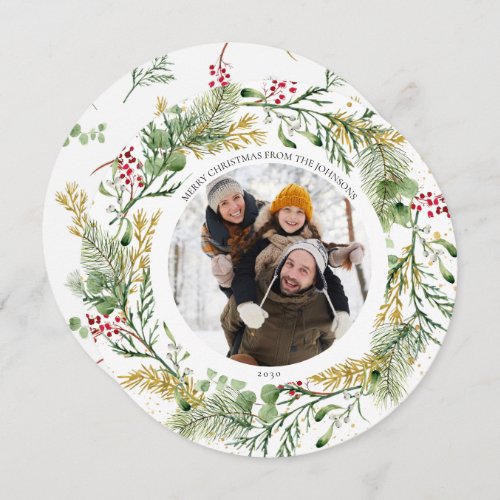 Gold Winter Greenery Wreath Round Photo Holiday