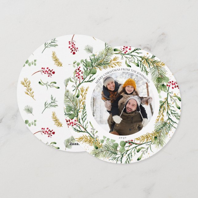 Gold Winter Greenery Wreath Round Photo Holiday Card (Front/Back)